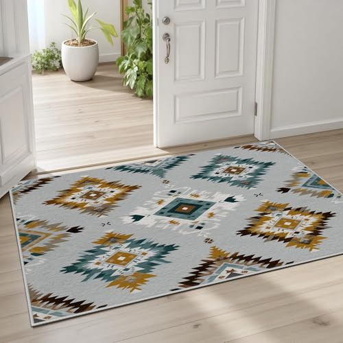 AUWUUA Aztec Print Dörrmatta, 70 x 130 cm, Geometrisk Kort Hår Sovrumsmatta, Native Sydväststil, Halkfri och Tvättbar, Perfekt för Entré eller Badrum.