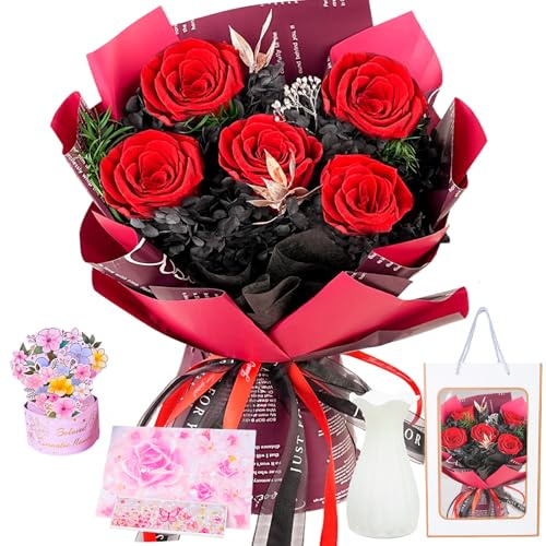 5 Roses Bouquet with Vase, Forever Bouquet Flowers, Eternal Preserved Real Rose, The Perfect Romantic Gift for Her for Valentine's, Birthday, Anniversary & Mother's Day