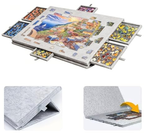 Tavole per Puzzle 1000 Pezzi, Porta Puzzles Portatile con 6 Cassetti e Copertura Antipolvere, Tappeto Puzzle in Feltro, per Adulti e Bambini, Grigio chiaro