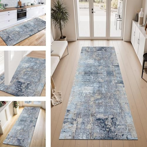 ZESEWU Teppich Läufer Flur Küche rutschfest Blau Grau Teppichläufer Kücheläufer Waschbar 100X180CM Meterware Küchenteppich Flurteppich für Wohnraum Schlafzimmer Kinderzimmer Schmutzfangläufer