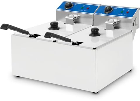 VERTES Friggitrice in acciaio inox 2x 8L, 2x 2,8 kW, 230V, principio della zona fredda, temperatura regolabile in continuo 60-200°C, 2 cestelli per frittura, pulsante reset