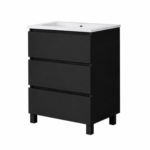 Baikal Mueble de Baño REN. 60cm Negro. Incluye Lavabo. Entrega Montado. Mueble con Patas. 3 Cajones con Cierre Amortiguado.