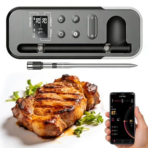 Fleischthermometer Kabellos 200M Bluetooth mit LCD Anzeige Alarmfunktion, ANTELA Digitales Backthermometer Meat Thermometer, für Ofen, BBQ, Grill, Raucher via APP