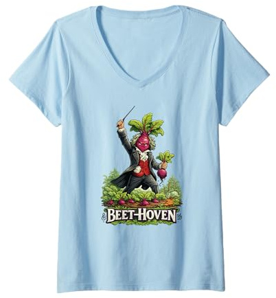 Damen Beet-Hoven Lustiges klassisches Musik-Gemüse-Wortspiel T-Shirt mit V-Ausschnitt