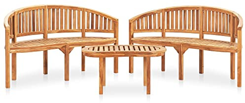 HGBNMER Set di 3 mobili da giardino in legno di teak, lounge in legno massiccio con tavolo e panca, design a forma di banana, portata fino a 110 kg per seduta