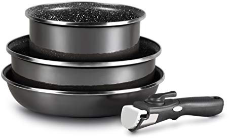 MAGEFESA 02109379 K2 Batería Cocina Inducción con Mango Desmontable, Antiadherente, Vitrocerámica, Gas, Acero Esmaltado, Cristal, Medidas Interior Cazo 20 cm, Tartera 26 cm Y sartén 28 cm