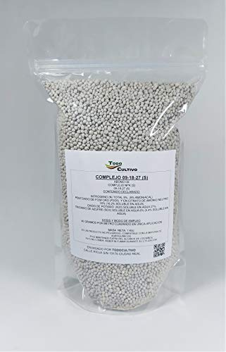 Abono Complejo 9-18-27 NPK. Fertilizante. Indicado para cultivos hortícolas, cereales y árboles frutales en suelos pobres de potasio. 1 Kilo. Gránulos. Uso directo.