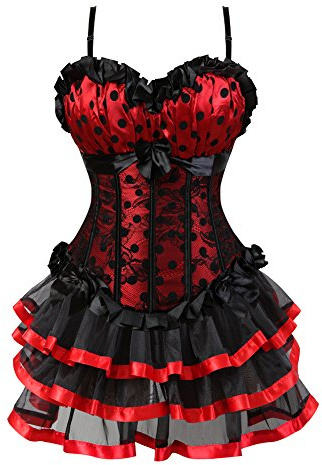 Grebrafan Gothic Polka DOTS Corset with Multi Layer Skirt S Red