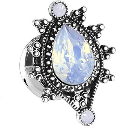 beyoutifulthings Ohr-Plug Vintage TRÄNEN-Tropfen Opal Ohr-Piercing Ohr-Schmuck Chirurgenstahl Tunnel Sattel-Verschluss Antik-Silber 16mm