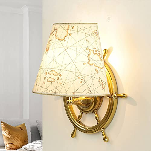 Nautische Wandleuchte Innen aus Echt-Messing massiv Schirm mit Landkarte H:33cm D:32cm E27 maritim für Schlafzimmer Flur Wohnzimmer Wandlampe