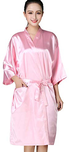 KAHOT Salon Client Gown Robe Cape Imitation Silk Hair Color Barber Smock Kimono Style Hairdressing Dress Beauty SPA Hotel Bathrobe Guest Clothes Night-gown Wrap (Rose Pink)
