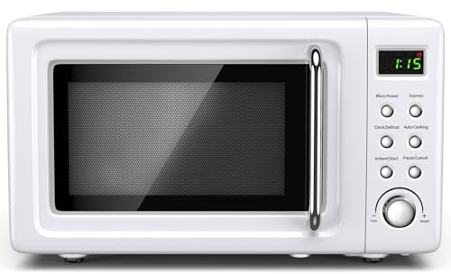 Retro Countertop Microwave Oven, Large 0.7Cu.ft, 700-Watt, Cold Rolled Steel Countertop with Time Setting, Glass Turntable Plate, Pre-Programmed Cooking Settings, LED Display, Child Lock (White)