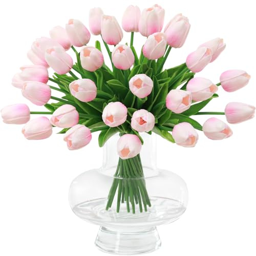 Tifuly 24 Stück Künstliche Tulpen, Realistische Latex-Tulpe mit Weichem PU-Stiel, Elegante Blumendekoration für Brautsträuße, Haus, Party, Büro, DIY Blumenarrangements (Rosa)