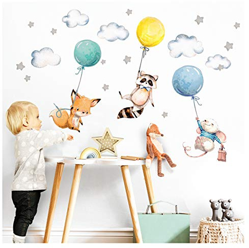 Little Deco Wandtattoo Fuchs Maus und Waschbär mit Luftballon DL508 M - 97 x 57 cm (BxH)