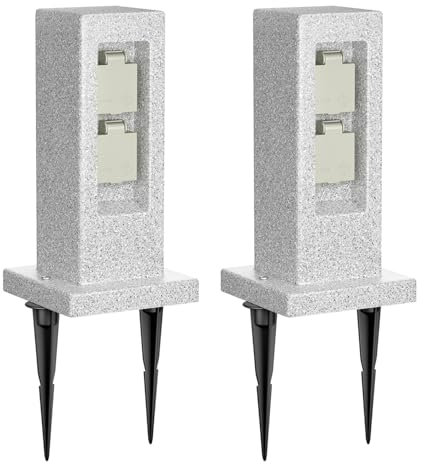 ledscom.de 2 Stück Garten-Steckdosensäule Pock mit Erdspieß Stein-Optik für außen, 2-Fach, Kunstharz, eckig, 30cm