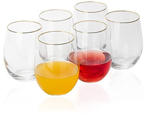1500° C TABLETOP Gold Rimmed Stemless Wine Glasses set of 6, 18 oz. Vintage Large Wine Cups Drinking Glasses for White Red Wine Tasting, Wedding, Anniversary, Christmas, Party