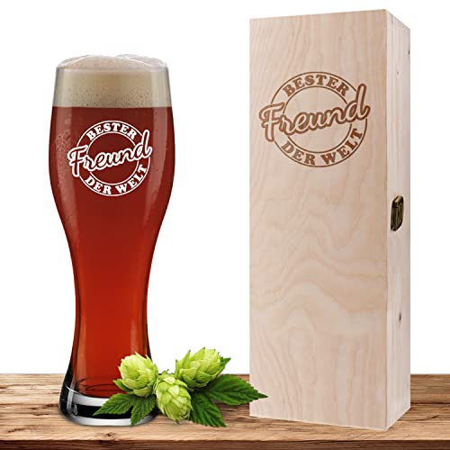 Deitert Weizenglas mit Motiv Siegel 'Bester Freund' inklusive Geschenkbox aus Holz, Bierglas 0,5 Liter mit gravierter Holzbox, Geschenk zum Geburtstag, personalisiertes Weißbierglas