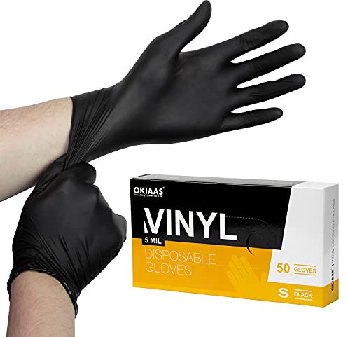 OKIAAS Black Gloves S|Latex-Free Vinyl Gloves for Household, Food Handling, Lab Work and More|Small, 50 Counts/Box