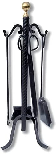 PEGANE Serviteur/Garniture de cheminée Ensembles d'outils Pince à feu Pelle Brosse en Fer forgé avec Boule dorée Coloris Noir - Hauteur 72cm