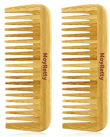 Lot de 2 peignes à cheveux en bambou - Brosses à dents larges faites à la main en bois de bambou naturel, antistatique pour démêler et coiffer les