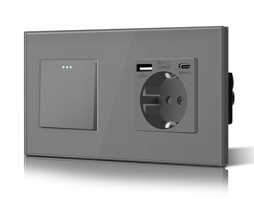 BSEED Interruptor Normal y Enchufe USB C,Basculante Con Luz de Orientación,Marco de Cristal,Fácil Instalación,Fáciles de Limpiar,1 Gang 1 Vía Con Enchufe USB/Tipo C,157mm Gris