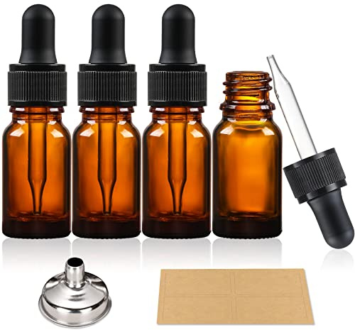AOZITA 4 x 10 ml bärnstensbruna glasflaskor med dropppipetter – levereras med 1 tratt i rostfritt stål och 4 etiketter – tinkturdroppflaskor för eteriska oljor, aromaterapiblandningar, vätskor