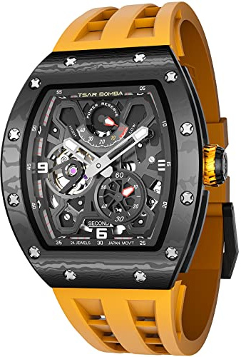 TSAR BOMBA Reloj Automático de Lujo para Hombre de Fibra Carbono - Movimiento japonés Cristal de Zafiro - 5 ATM de Resistencia al Agua Reloj para Hombre - Reloj Esqueleto Cuadrado - Pulsera Viton