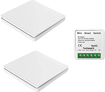 Funkschalter Set - Funk-Wandschalter Lichtschalter mit Empfänger - 30M Reichweite Drahtlos Kinetischer Batterieloser | 1-Kanal/2-Schalter