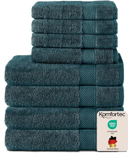 Komfortec 8er Handtücher Set, 4 Badetücher 70x140 cm & 4 Handtücher 50x100 cm, 100% Baumwolle Frottee, Flauschig und Saugstark,Petrol