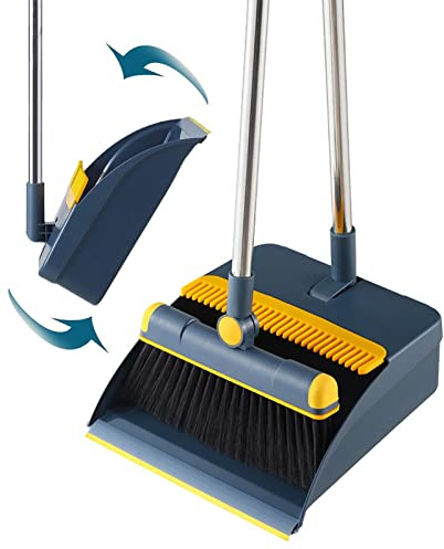 Besen und Kehrschaufel Set mit Langem Griff 97cm, Kehrbesen mit 180° Drehbar Kopf, Kehrschaufel Set Aufrecht, Faltbar Kehrschaufel mit Zahnkamm für Garten Zuhause Küche Büro Fußboden Reinigung
