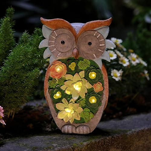 Solar Gartenzwerg Solar Gartenfiguren Eulen mit Sukkulenten & 6 LED Leuchten, Gartendeko Eule Solar Leuchte,Wetterfest Gartenstatuen für Draußen, Eule Rasenlampe für Außen Garten Hof Balkon Weg Deko