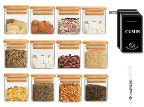Gewürzgläser Eckig 12er Set,120ml Gewürz Organizer Gewürzdosen Set Bambusdeckel,Gewürzstreuer Glas Gewürzbehälter mit Etiketten und Weißem Kreidestift Spice Jars