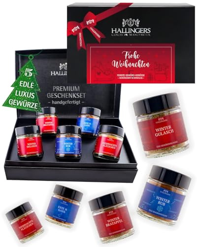 Hallingers Genuss Manufaktur Gewürz Weihnachts-Geschenk-Set - 5 Gewürze aus aller Welt in wertiger Geschenkbox mit Rezept-Booklet Frohe Weihnachten, Weihnachten für Frauen Männer