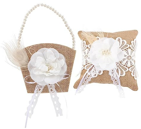 ABOOFAN Hochzeit Blumenmädchen Körbe Griff Hochzeit Kissen Set Leinen Blumenkorb Für Engagement