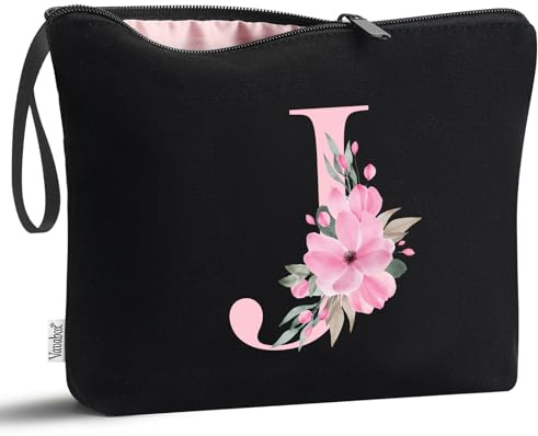Vavabox Personalised Initial Make Up Bag, Gifts for Women (J, Black) | Birthday Makeup Bag, Small Cosmetic Wash Bag Gifts for Teenage Girls Ladies