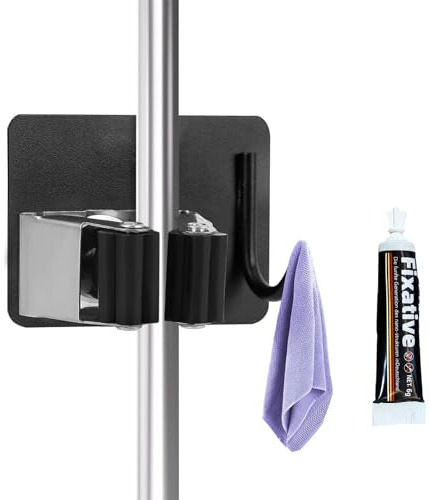 Shwdsy Besenhalter Edelstahl, Selbstklebende Besenhalterung Wand Ohne Bohren, mit Haken, Wandhalter für Besen und Mopps, Ideal für Bad, Küche, Toilette, Garten und Garage