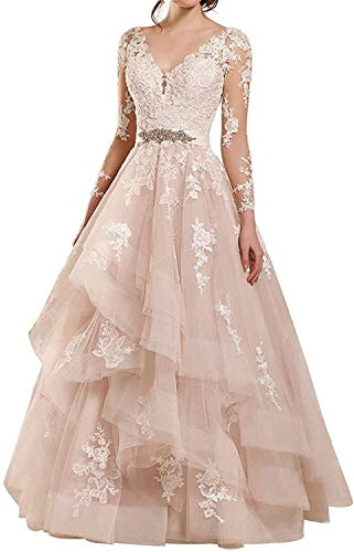 OLLWBYDM Vestido de Novia de Manga de Tul Cuello V Bohemio, Rosa, 38
