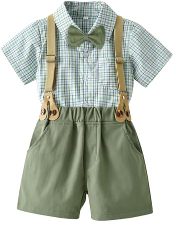 Volunboy Bebis pojkar gentleman set, kortärmad skjorta med fluga + korta sommarbyxor 4 delar kostymkläder, Grön, 2-3 años