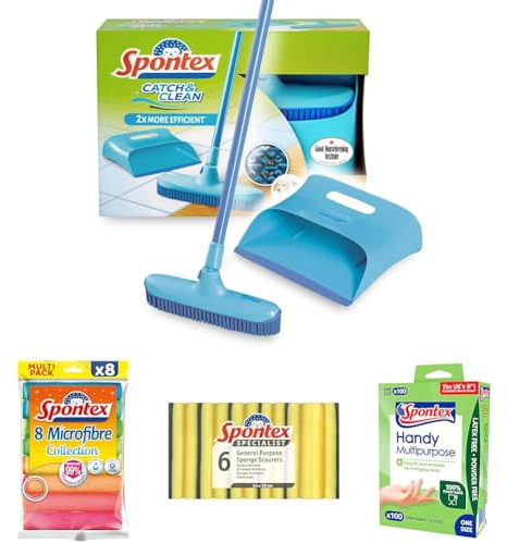 Bundle of Spontex Catch & Clean Rubber Broom and Dustpan Set + 8 Multi-purpose Microfibers + General Purpose Sponge Scourer (Pack of 6) + 100 Multi-Purpose Disposable Gloves