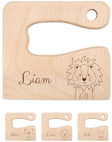 wunderwunsch® - Personalisiertes Montessori Kinder Messer mit Gravur - Sicheres Holz Baby Besteck mit abgerundeten Kanten - Geburtstag Baby Geschenk (Löwe)