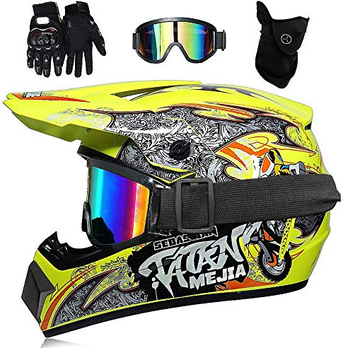 Jeunesse Enfants MTB Casque Motocross, avec Lunettes Gants Masque, Intégral Hors Route Courses Moto MX VTT Scooter Casque, Sports Extrêmes Downhill Enduro Vélo Tout-Terrain Casques