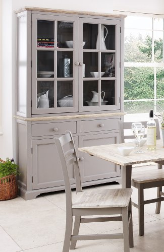 Statement Furniture Florence Display Cabinet, Dove Grey Glass Top Dresser, 2 Drawers, 2 Door Cupboard, Brushed Acacia Wood Top | W120cm H200cm D42cm | Kitchen Dining Living Room Storage