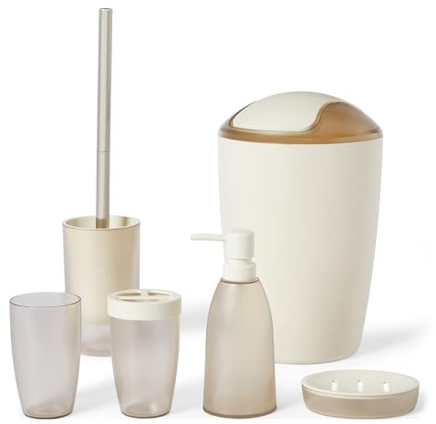 Amazon Basics Bathroom Accessory Set with Toothbrush Holder, Soap Dispenser, Soap Dish, Tumbler, Trash Can,Toilet Brush & Holder, Ivory