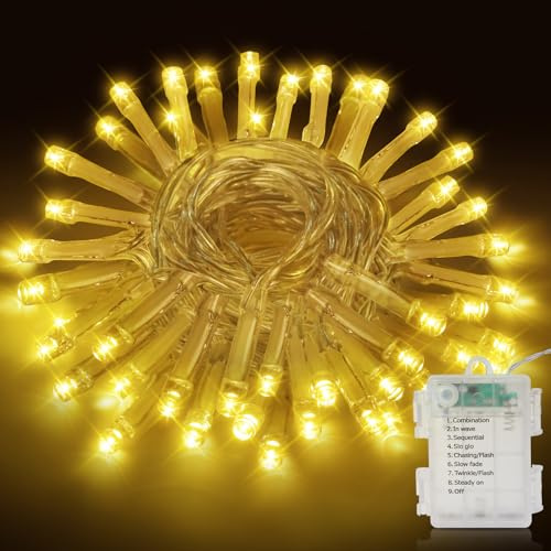 LED Lichterkette Innen Außen, 5M & 50LEDs Batterie Weihnachtsbaum Lichterkette, 8 Modi IP44 Wasserdicht Fairy Lights mit Timer, für weihnachten, Innen, Außen, Garten, Party - Warmweiß