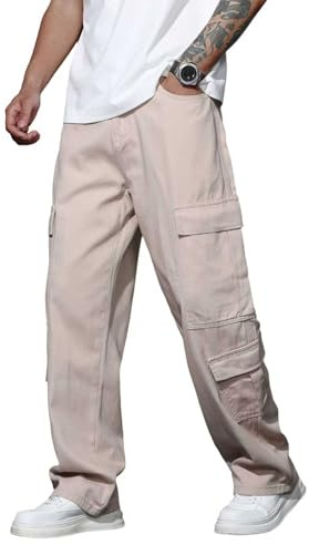 Zewool Uomo Casual Baggy Cargo Denim Pants con Tasche Gamba Larga Skater Jeans Y2k Hip Hop Streetwear Pantaloni Dritti Rilassati 2000s Skateboard Street Wear Hiking Travel,E10Cachi,M