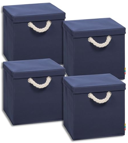 Storanda | 4er Set Aufbewahrungsbox mit Deckel | Kordel Griffband | Stabile & Faltbare Boxen | Regalboxen für Würfelregal Kallax | Ideal für Zuhause & Kinderzimmer | 31x31x30 cm | Dunkelblau