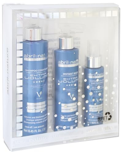 abril et nature - Set Cuidado Capilar Profesional Extra Volume - Pack Champú, Mascarilla y Spray - Más Volumen, Cuerpo y Densidad al cabello - Repara y fortalece - No apelmaza - 550ml