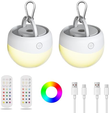 Maihaha Camping Lights Rechargeable, Magnetic Camping Lamps for Tent, Night Lights, Rechargeable Light Bulb with Remote Control, Timer, RGBW, Dimmable, 2600mAh x 2 Packs