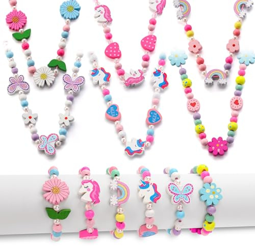 Suofuolef 6 Sets Holz Armbänder und Ketten für Mitgebsel Kindergeburtstag | Bunte Einhorn Blumen Freundschaftsarmband, Geflochten Armband Schmuck für Mädchen Teenager Frauen