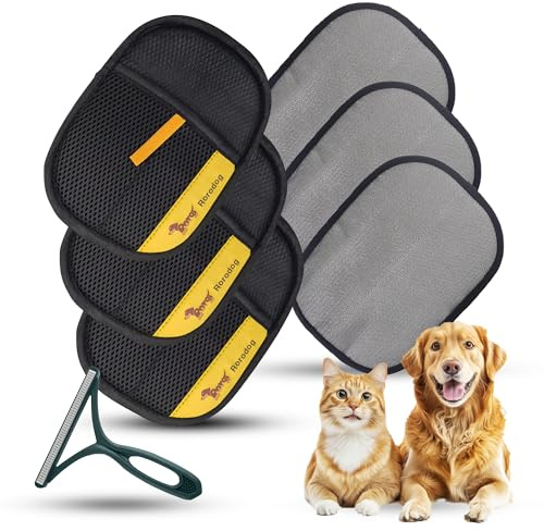 Rorodog 3-Pack Magic Brush Pet Hair Removal Gloves with A Hair/Lint Removal Tool – Remove Cat/Dog Fur from Clothing, Furniture, Car Seats, Bedding & Carpet